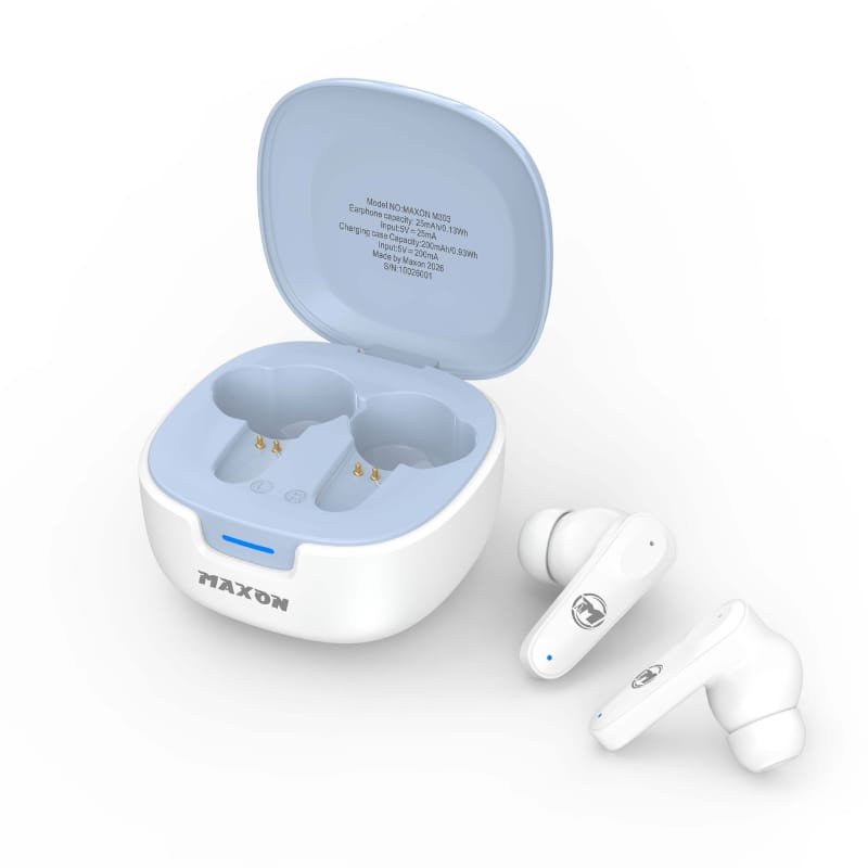 Maxon M303  Pure-Tone Wireless Earbuds | White + Sky Blue Case | Bluetooth 5.3 | ENC Mic | 25H Playtime | Deep Bass | Compact Design | Type-C